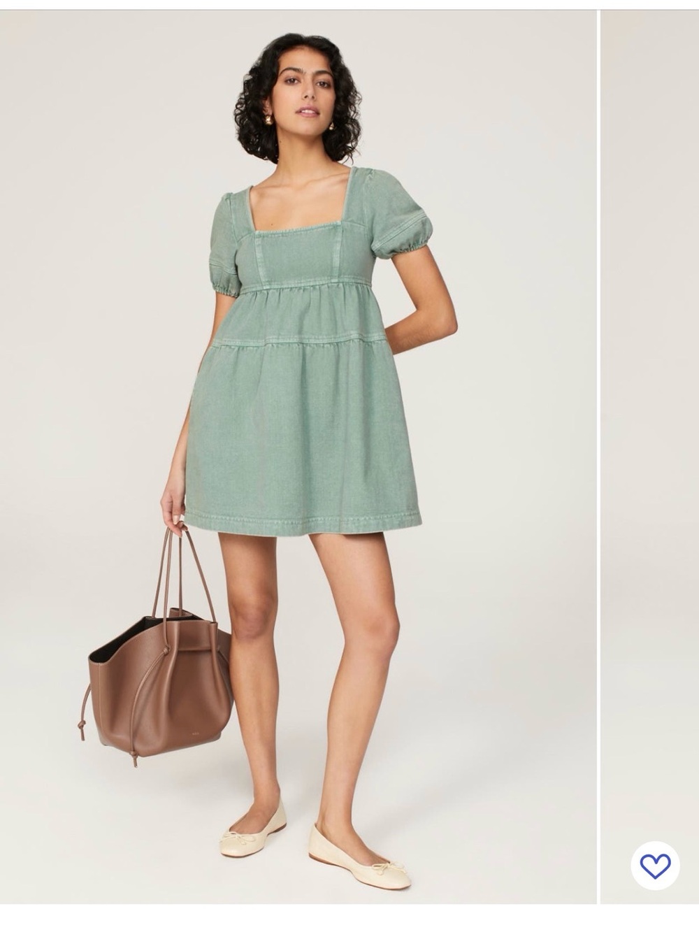 Louna Square Neck Puff Sleeve Denim Mini Dress in Sage Green XS B22